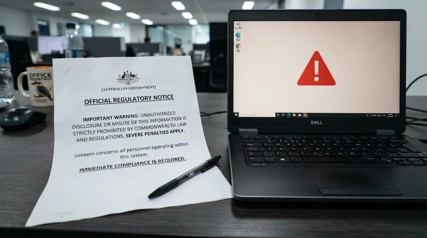 A printed government warning notice on a desk beside a laptop with a red alert icon on the screen.