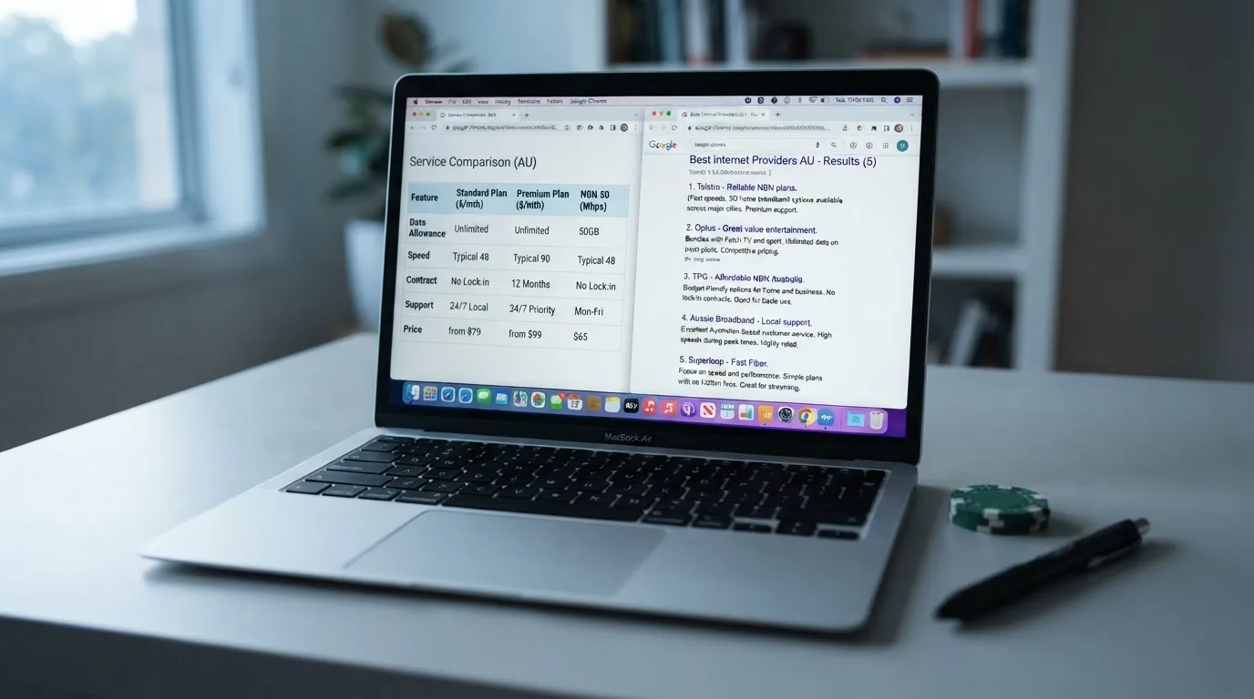 A laptop screen split between two browser tabs, one showing a comparison table and the other a search results page.