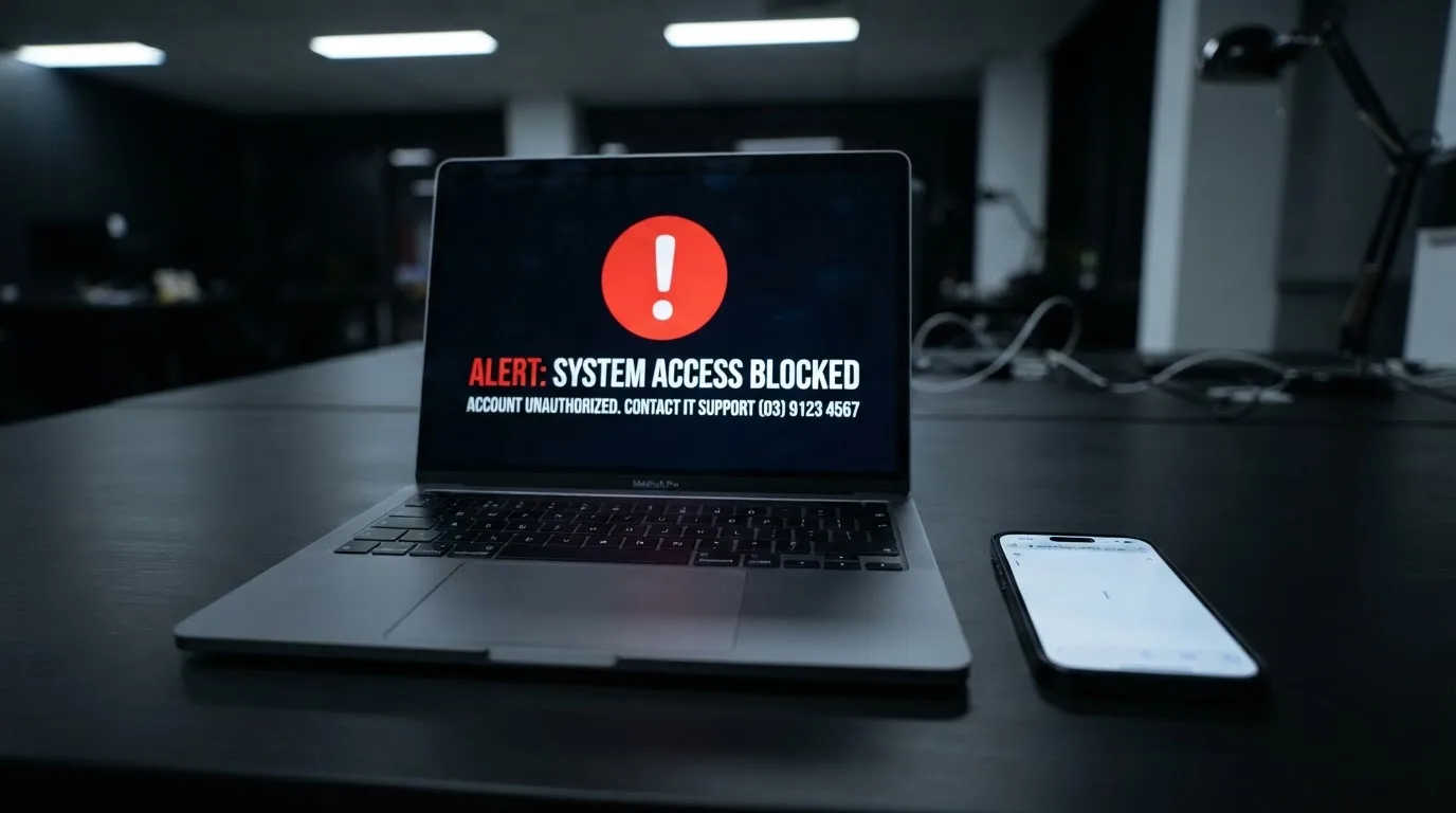 A printed government warning notice on a desk beside a laptop with a red alert icon on the screen.