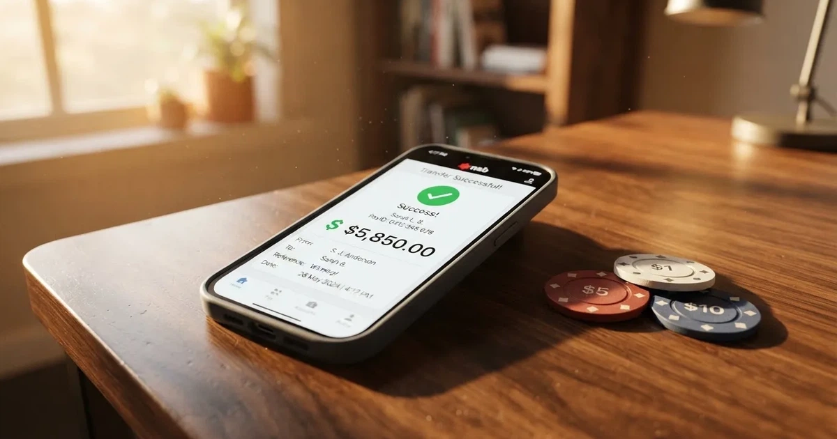 A phone displaying a bank transfer confirmation screen next to a stack of Australian dollar notes.