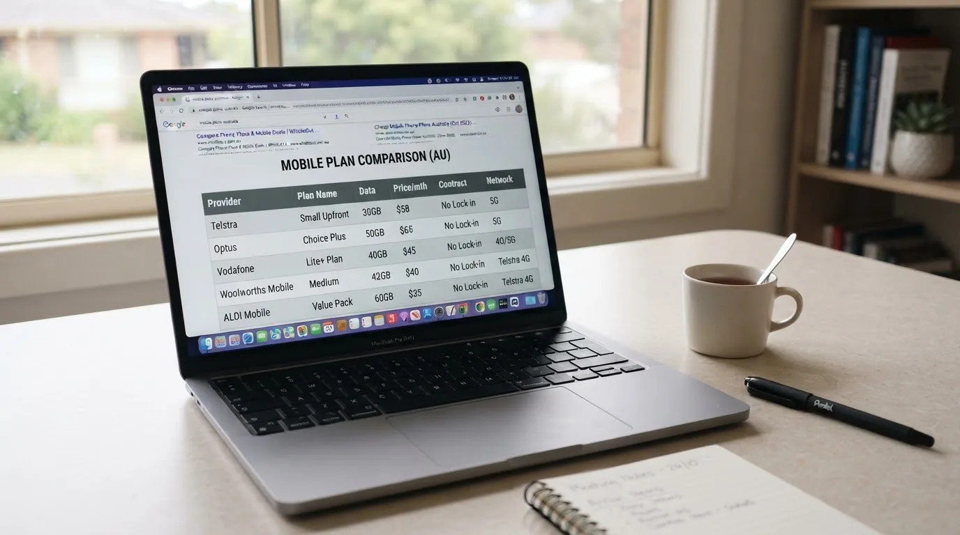 A laptop screen split between two browser tabs, one showing a comparison table and the other a search results page.
