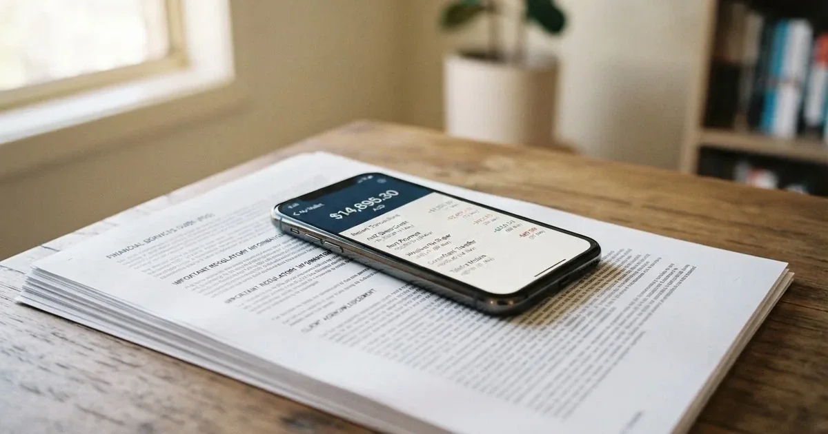 A phone showing a digital wallet balance screen resting on a stack of paperwork.
