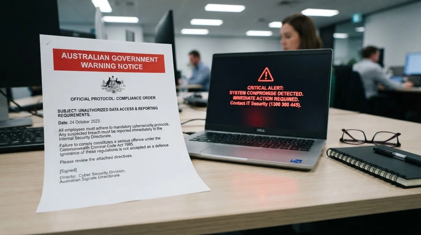 A printed government warning notice on a desk beside a laptop with a red alert icon on the screen.