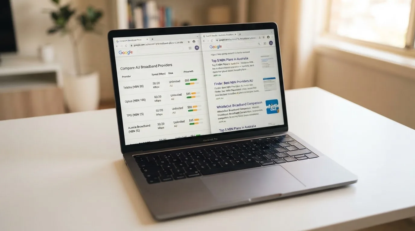 A laptop screen split between two browser tabs, one showing a comparison table and the other a search results page.