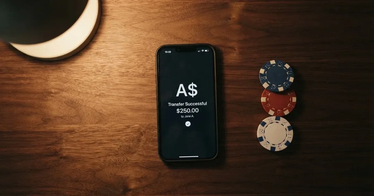 A phone displaying a bank transfer confirmation screen next to a stack of Australian dollar notes.