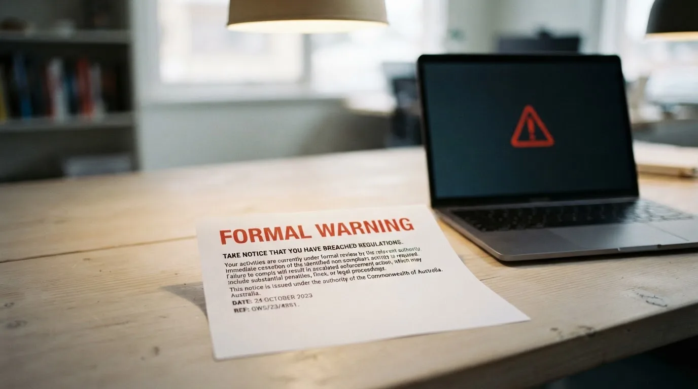 A printed government warning notice on a desk beside a laptop with a red alert icon on the screen.