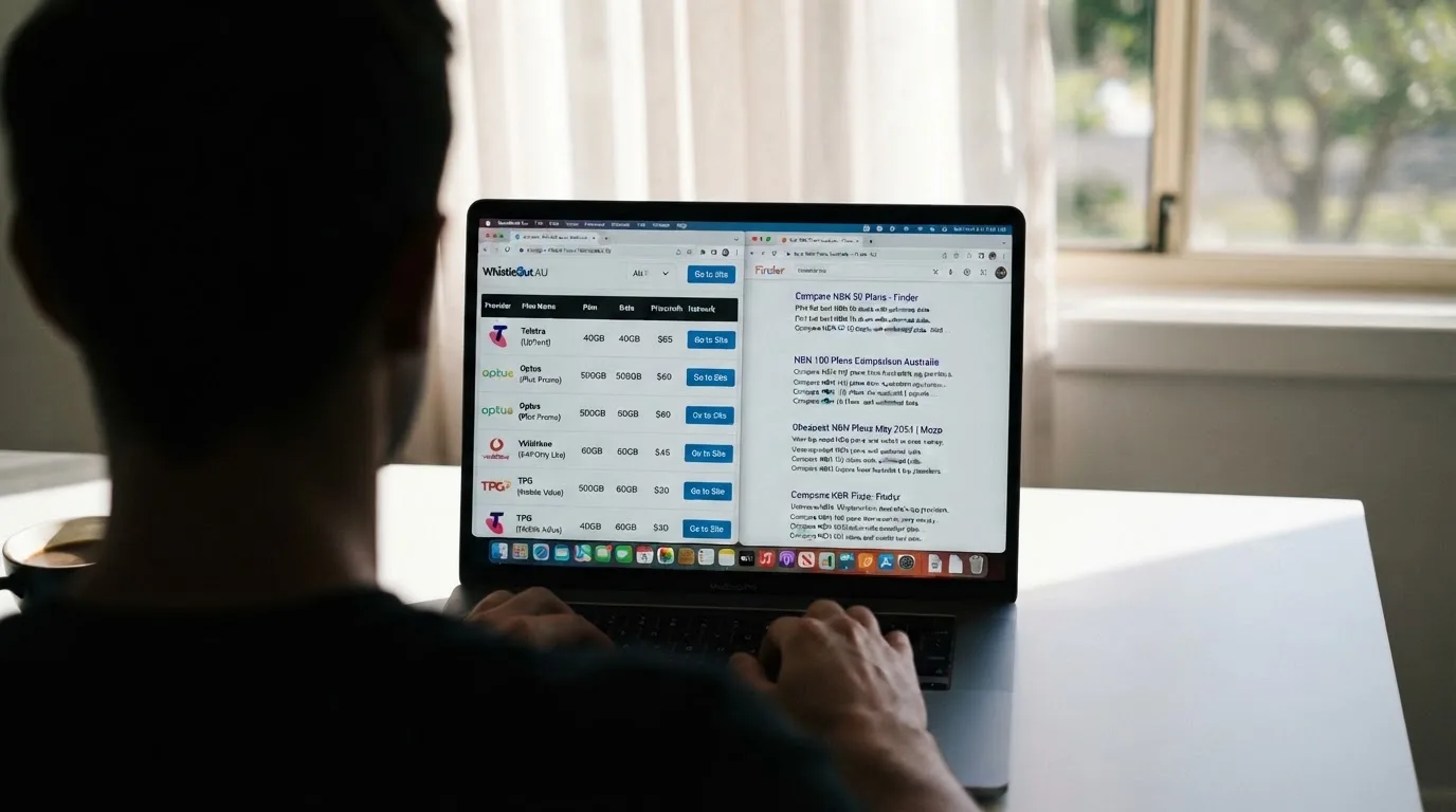 A laptop screen split between two browser tabs, one showing a comparison table and the other a search results page.