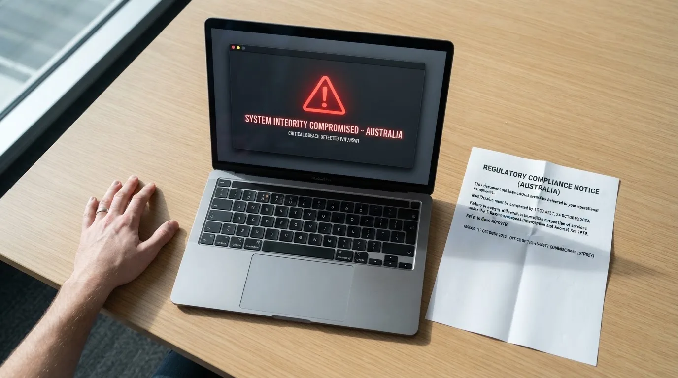 A printed government warning notice on a desk beside a laptop with a red alert icon on the screen.