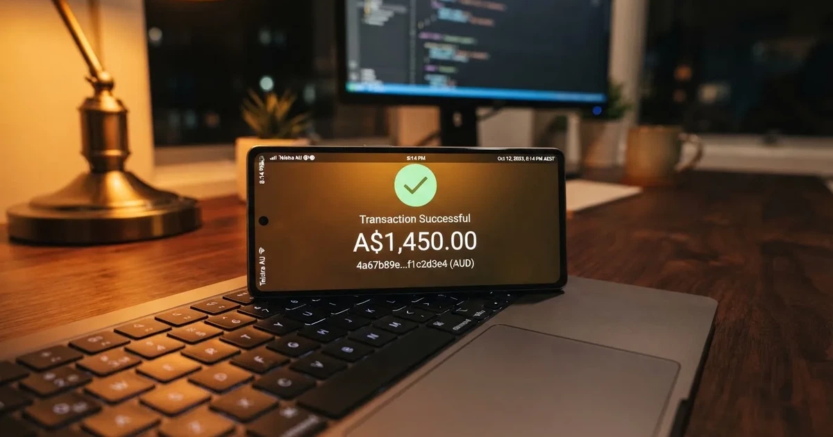 A phone displaying a blockchain transaction confirmation screen next to a laptop keyboard.