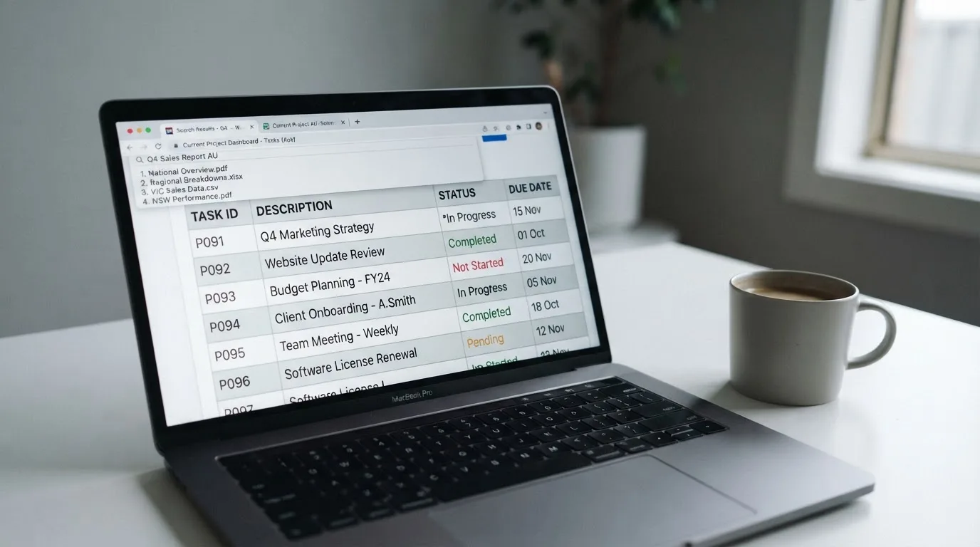 A laptop screen split between two browser tabs, one showing a comparison table and the other a search results page.