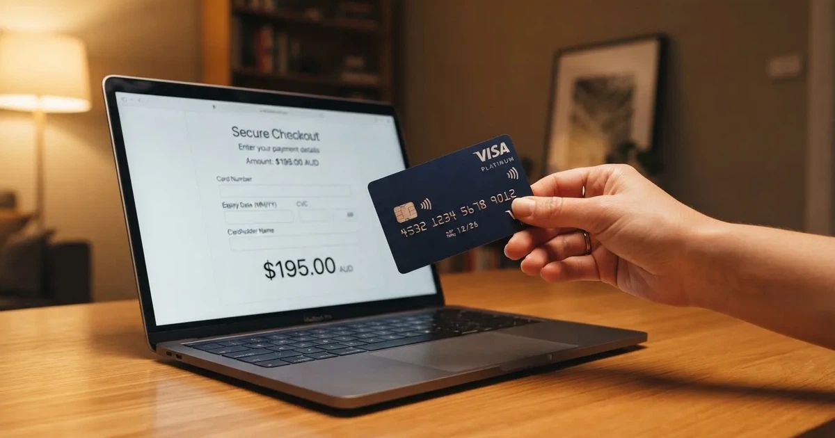 A hand holding a bank card next to a laptop showing an online payment form.