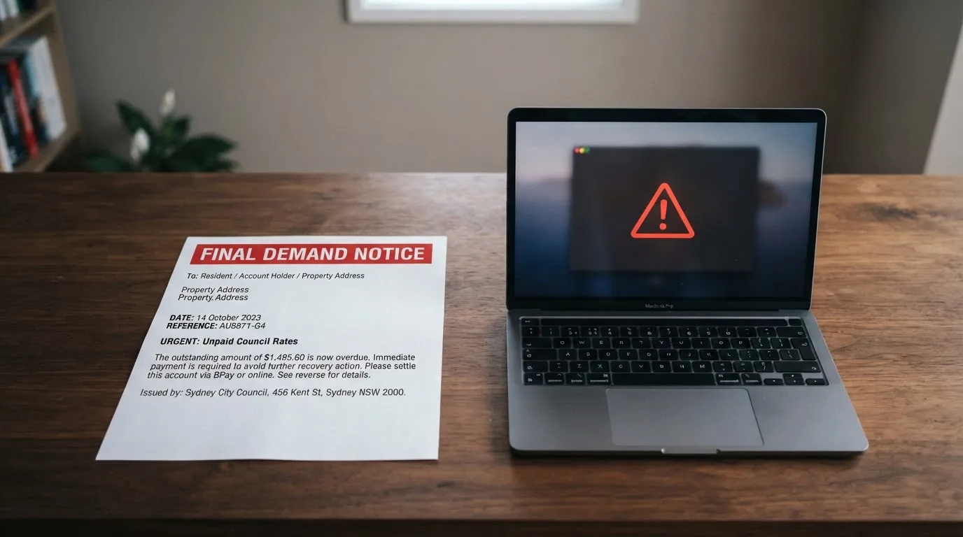 A printed government warning notice on a desk beside a laptop with a red alert icon on the screen.