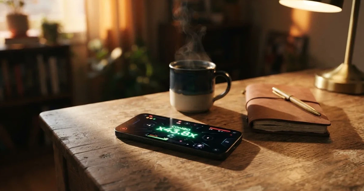 A digital multiplier counter climbing on a phone screen next to a coffee cup.