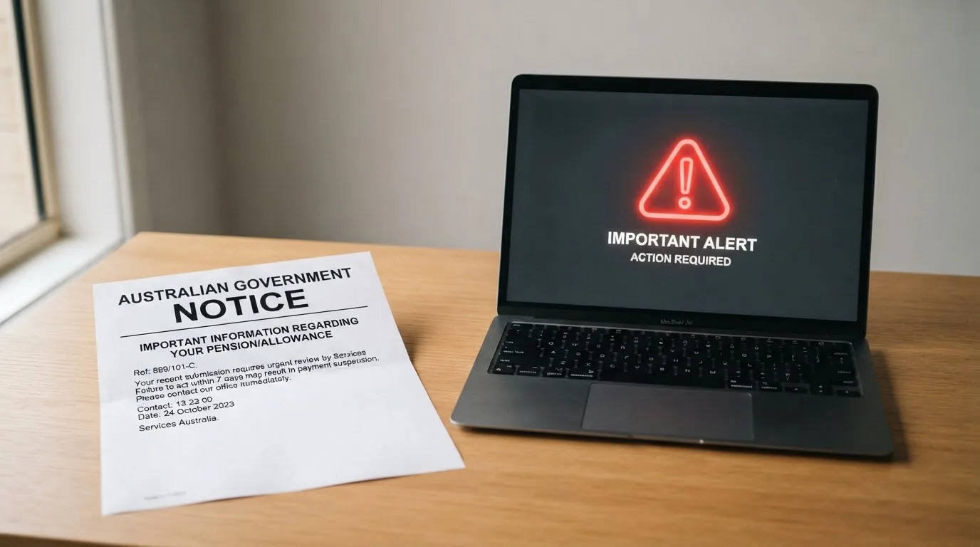 A printed government warning notice on a desk beside a laptop with a red alert icon on the screen.