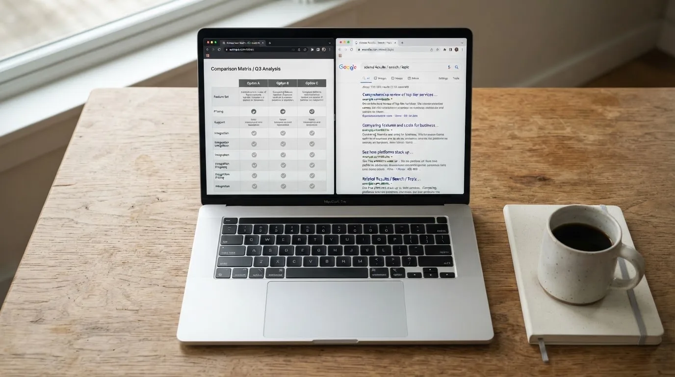 A laptop screen split between two browser tabs, one showing a comparison table and the other a search results page.