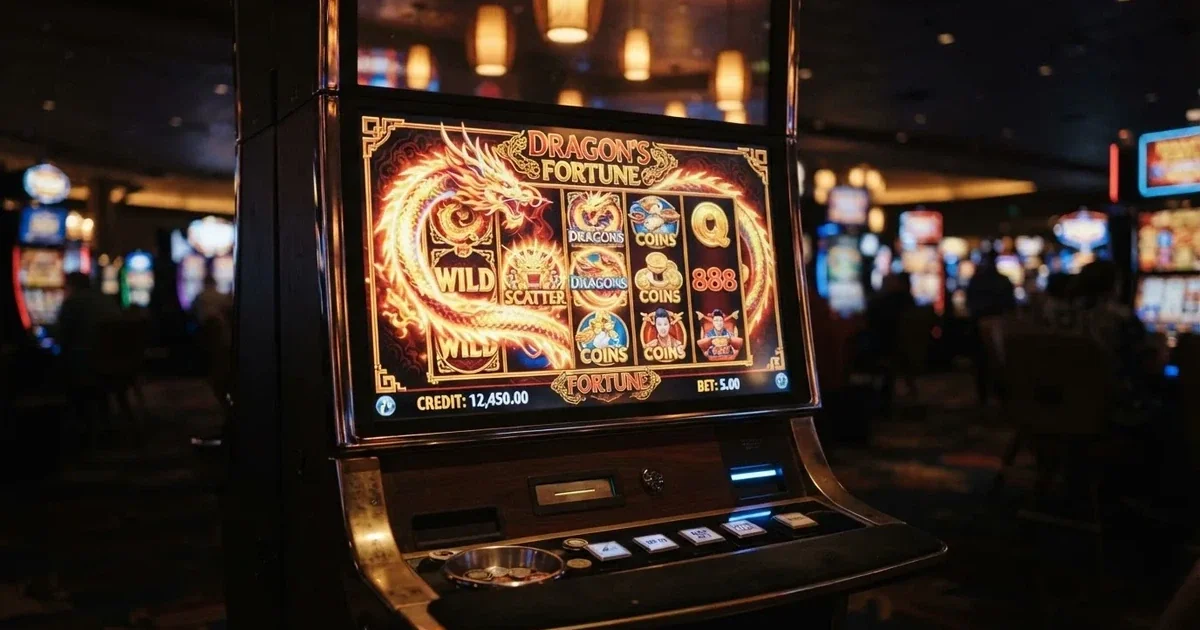 A close-up of a slot reel icon showing a stylised dragon motif on a cabinet screen.