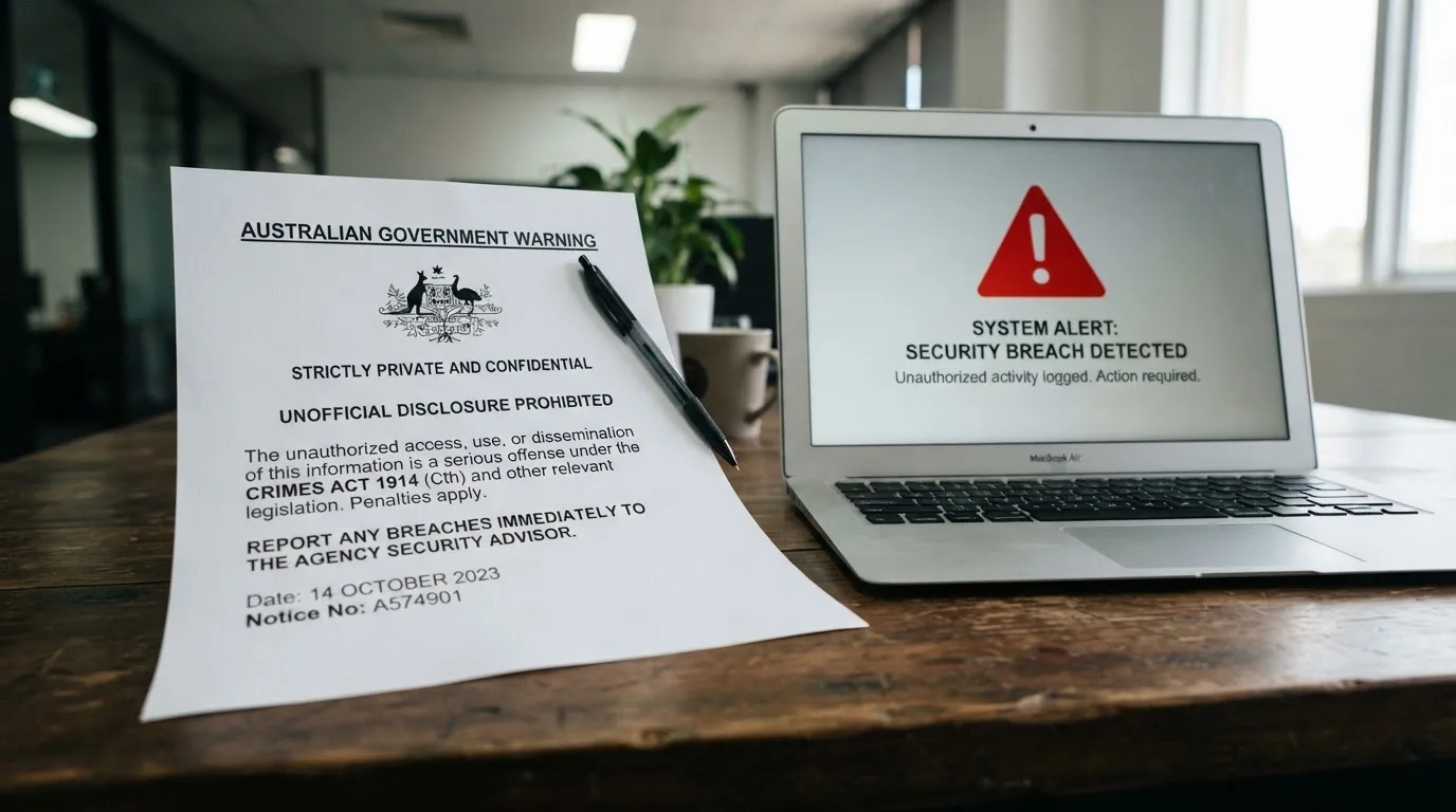 A printed government warning notice on a desk beside a laptop with a red alert icon on the screen.