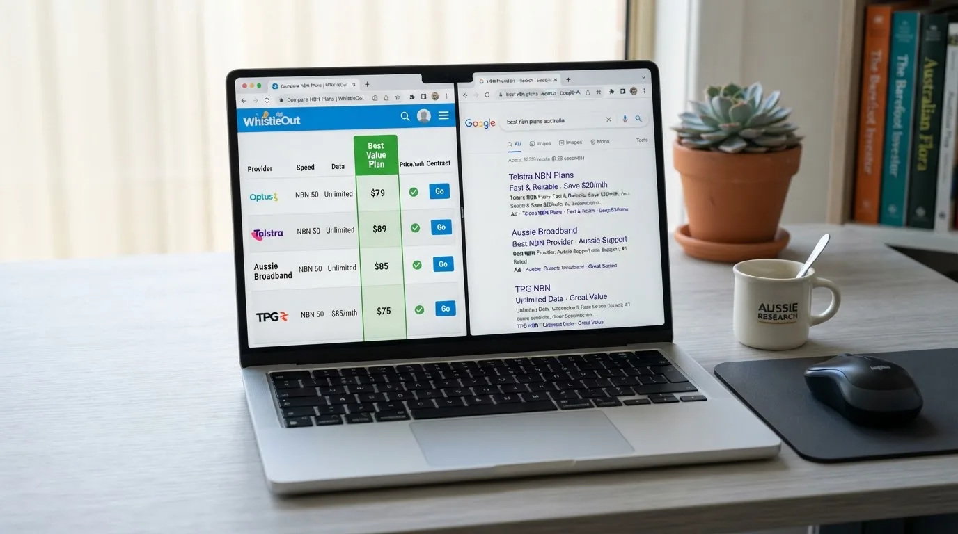 A laptop screen split between two browser tabs, one showing a comparison table and the other a search results page.