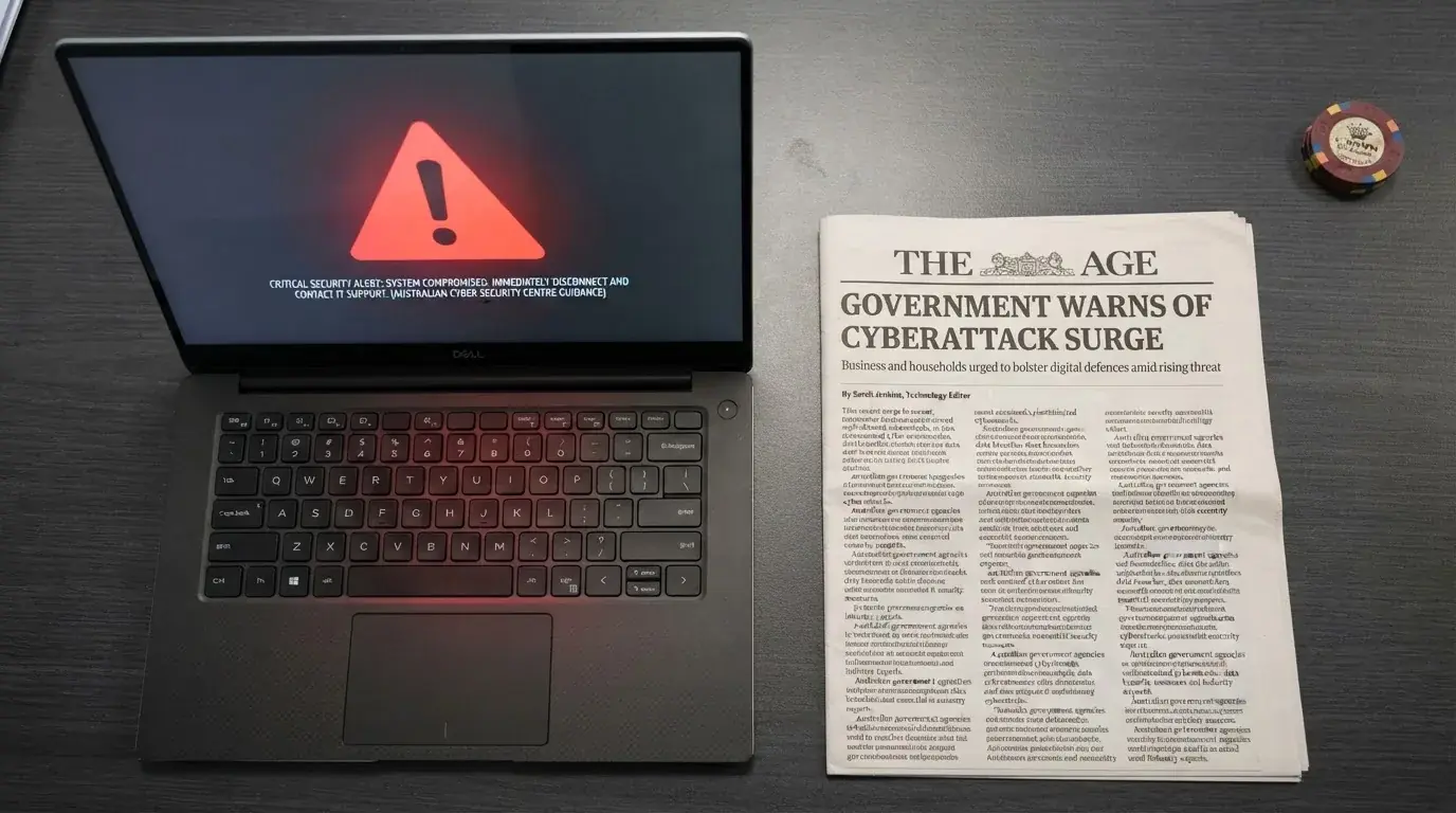 A printed government warning notice on a desk beside a laptop with a red alert icon on the screen.