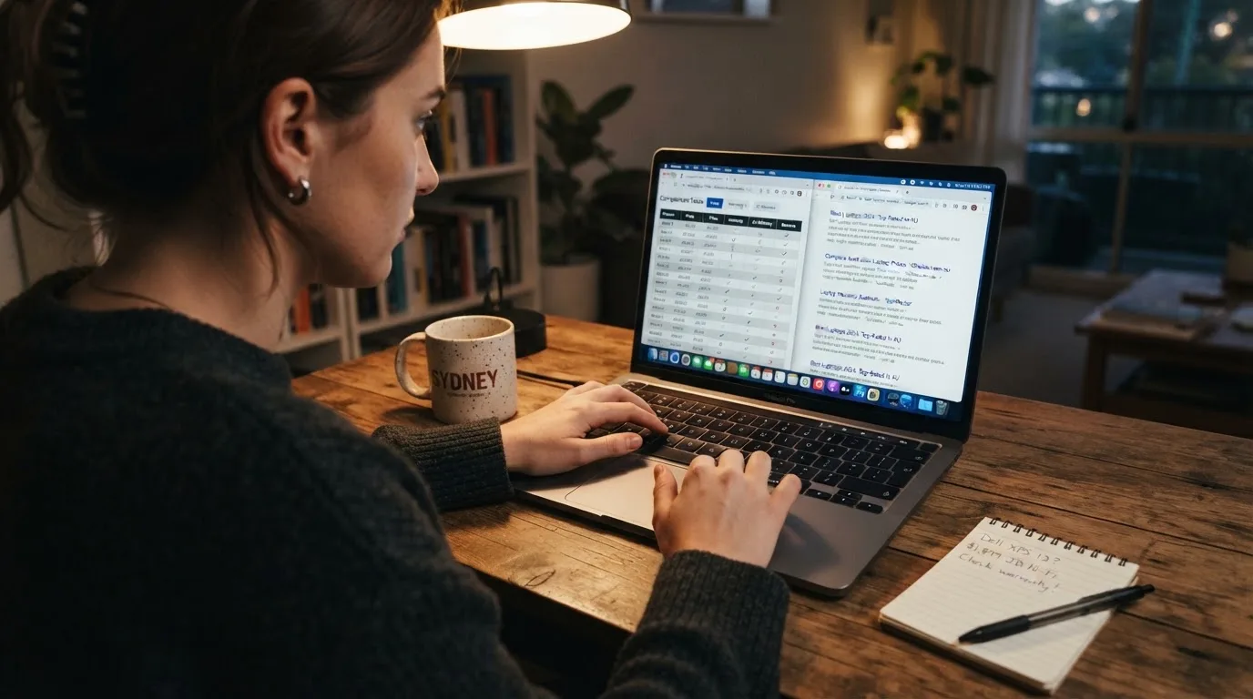 A laptop screen split between two browser tabs, one showing a comparison table and the other a search results page.