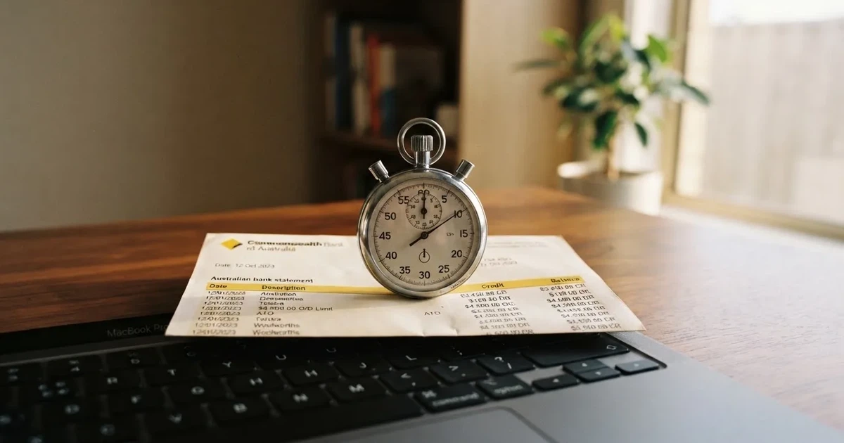 A stopwatch sitting on top of a bank statement next to a laptop keyboard.