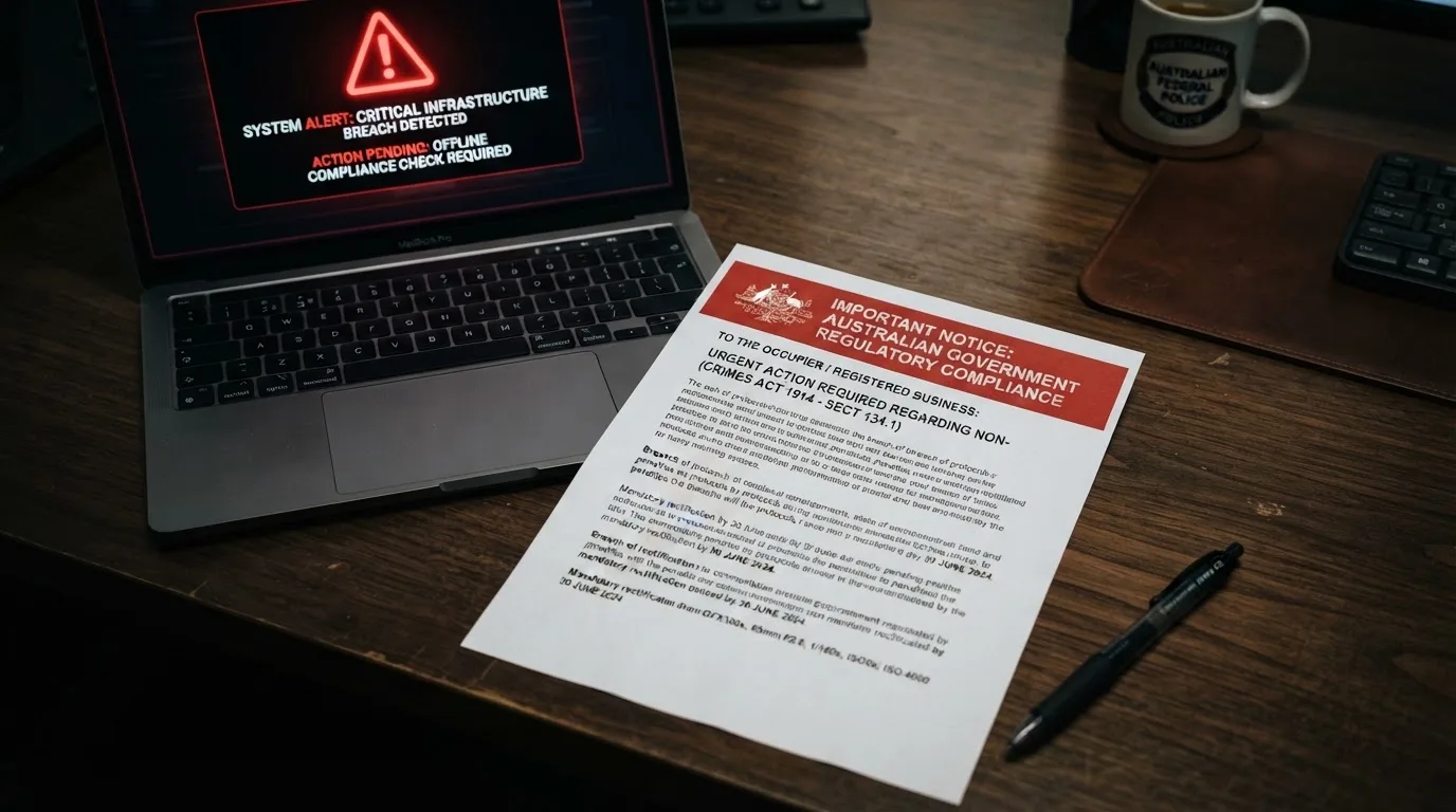 A printed government warning notice on a desk beside a laptop with a red alert icon on the screen.