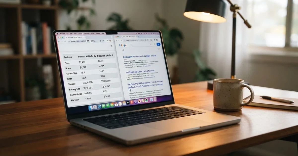 A laptop screen split between two browser tabs, one showing a comparison table and the other a search results page.
