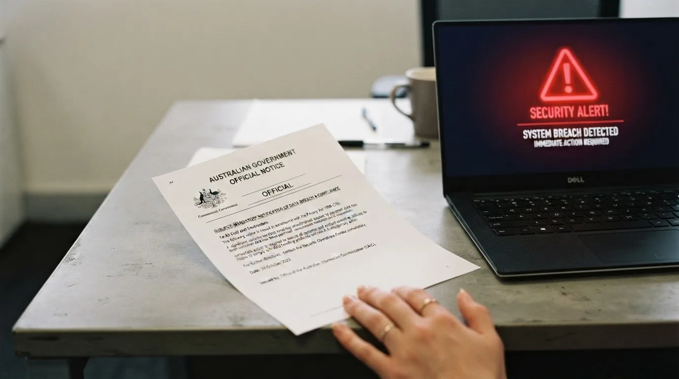 A printed government warning notice on a desk beside a laptop with a red alert icon on the screen.