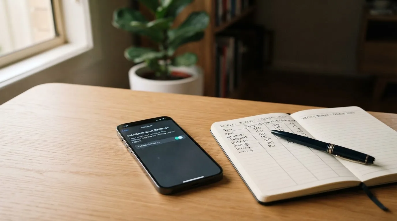 A phone showing a self-exclusion settings screen next to a notepad with a weekly budget written on it.