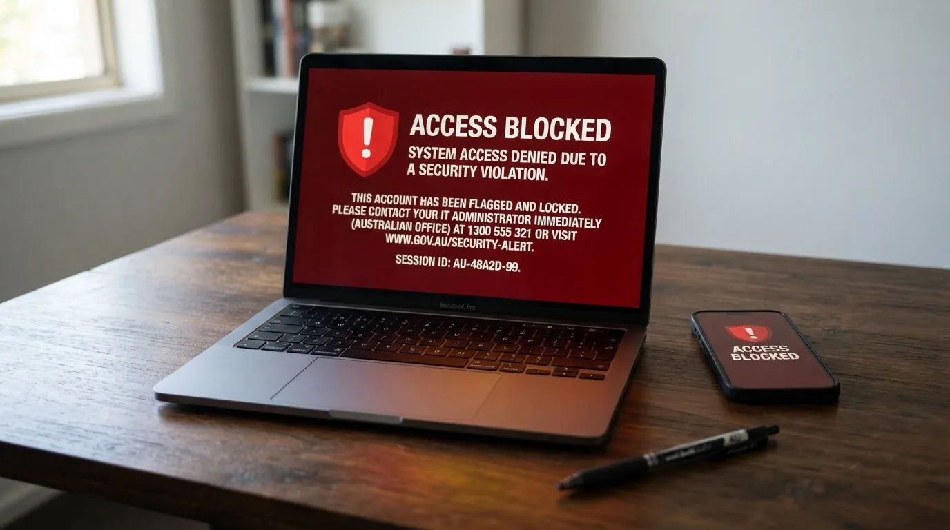 A printed government warning notice on a desk beside a laptop with a red alert icon on the screen.
