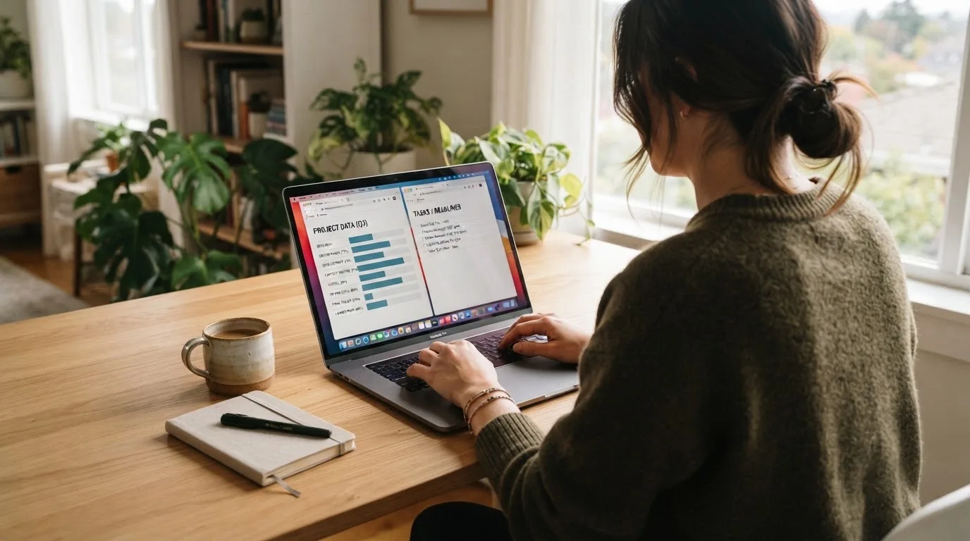 A laptop screen split between two browser tabs, one showing a comparison table and the other a search results page.