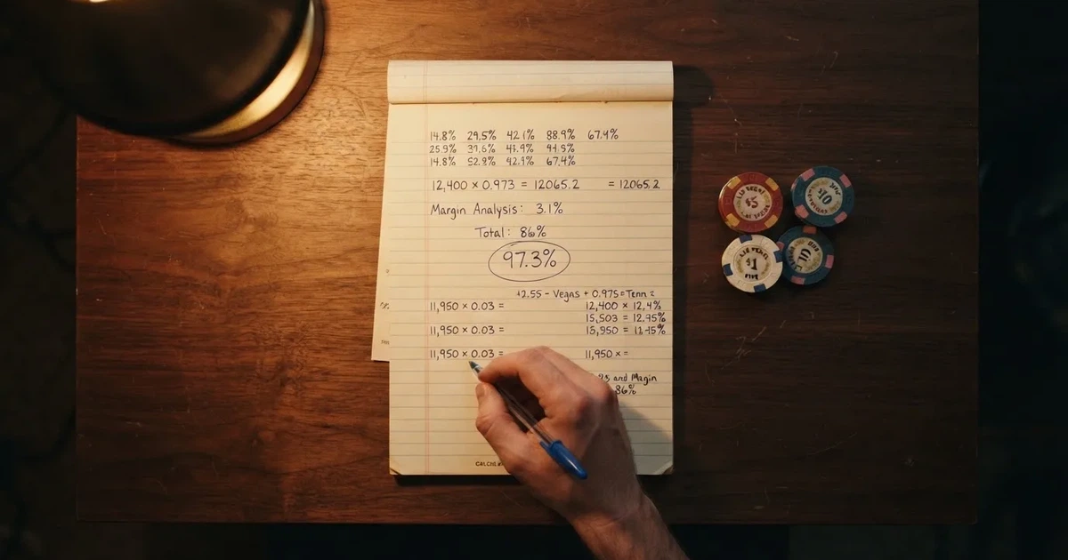 A calculator sitting next to a printed percentage chart on a desk.