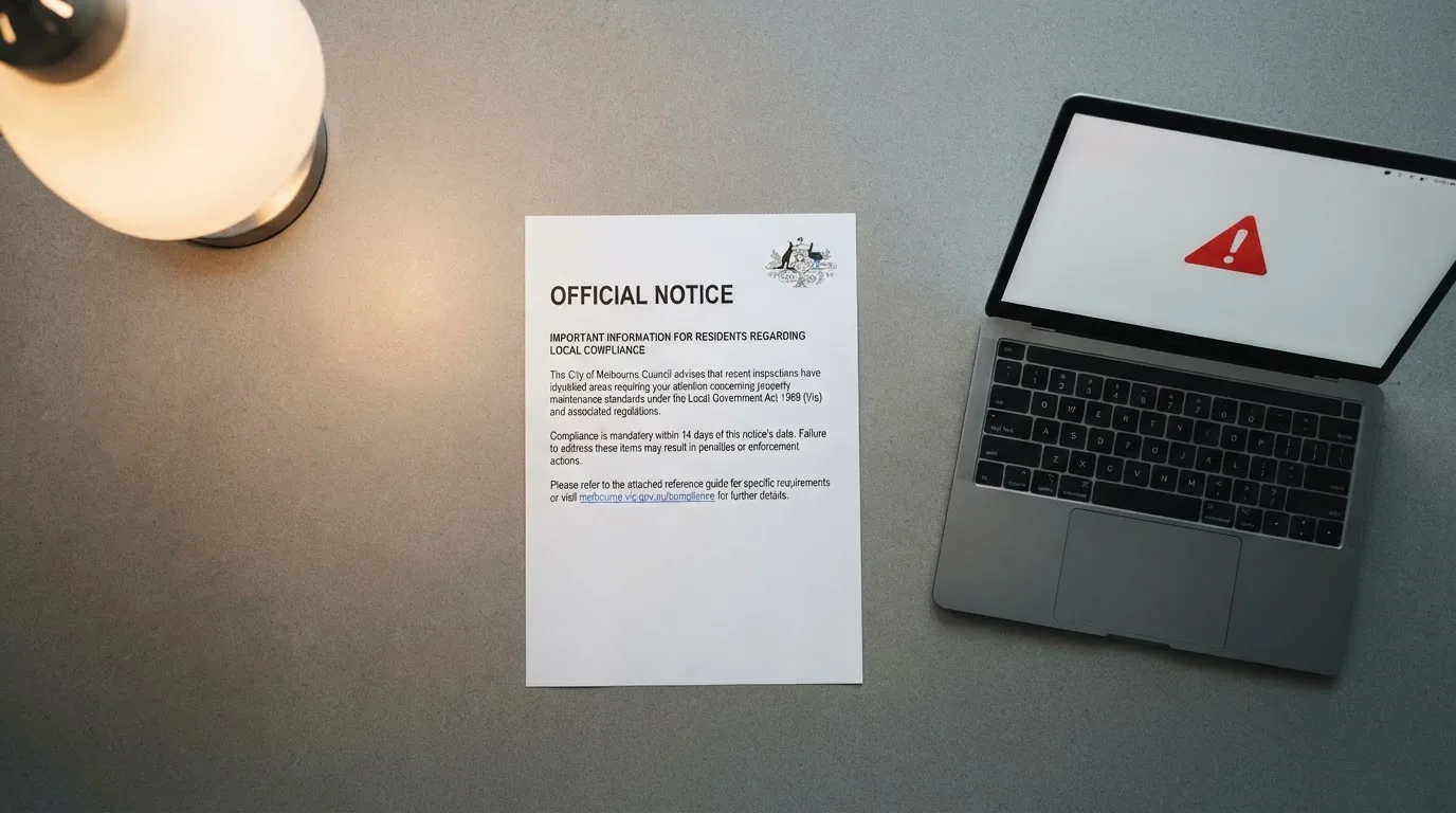 A printed government warning notice on a desk beside a laptop with a red alert icon on the screen.