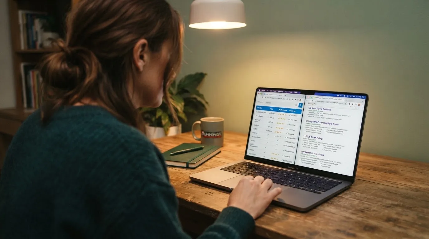 A laptop screen split between two browser tabs, one showing a comparison table and the other a search results page.