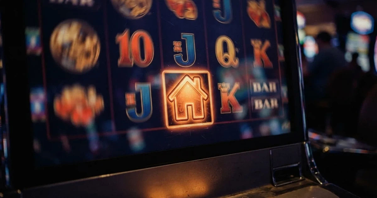 A close-up of a slot reel icon with a house-shaped motif on a screen.