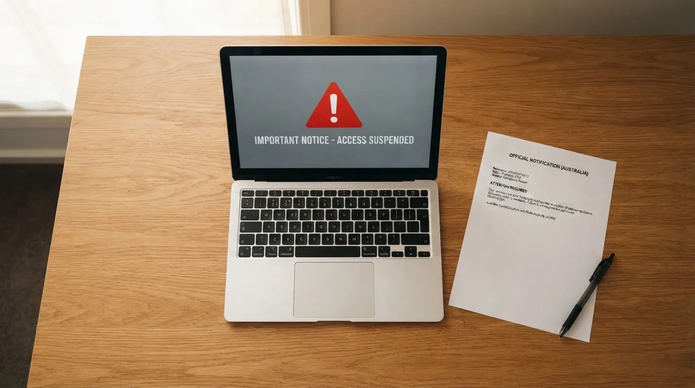 A printed government warning notice on a desk beside a laptop with a red alert icon on the screen.