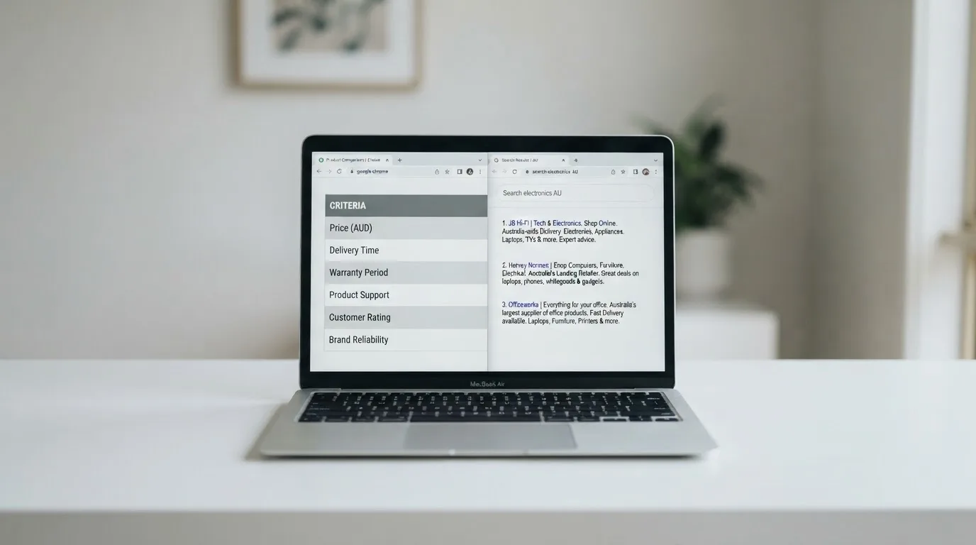 A laptop screen split between two browser tabs, one showing a comparison table and the other a search results page.