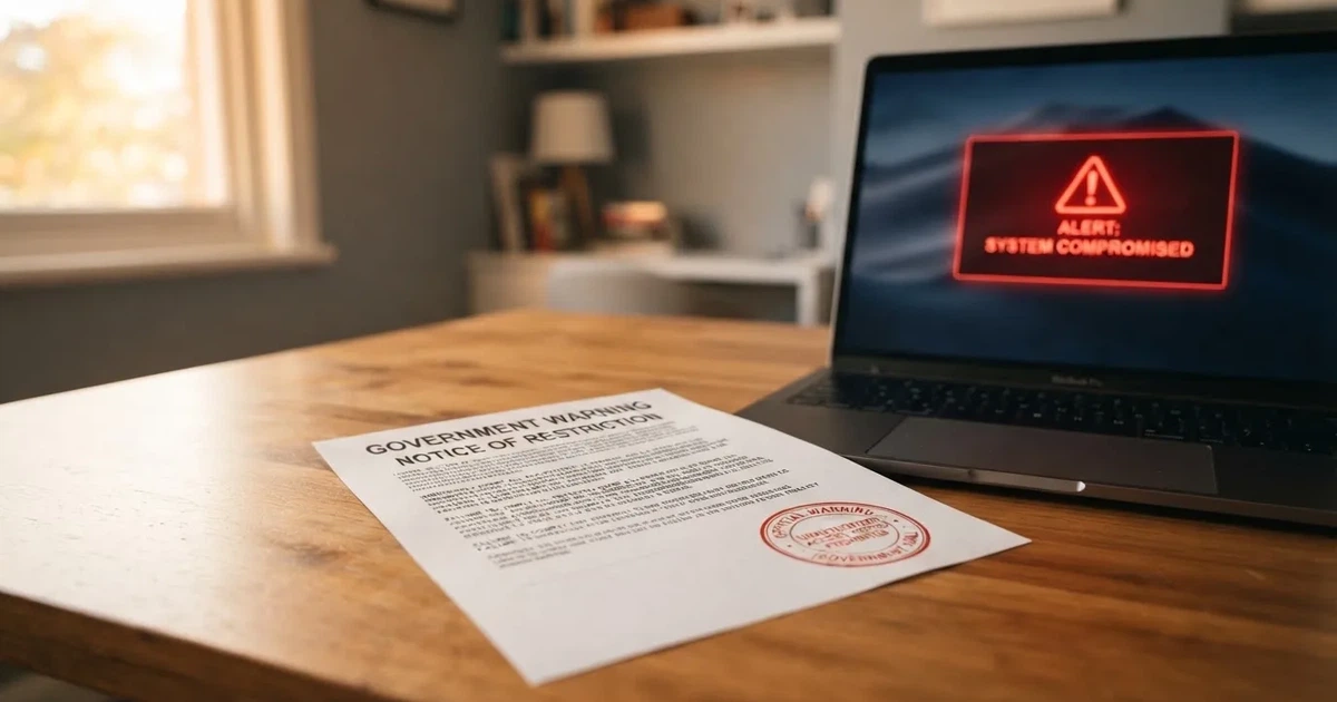 A printed government warning notice on a desk beside a laptop with a red alert icon on the screen.