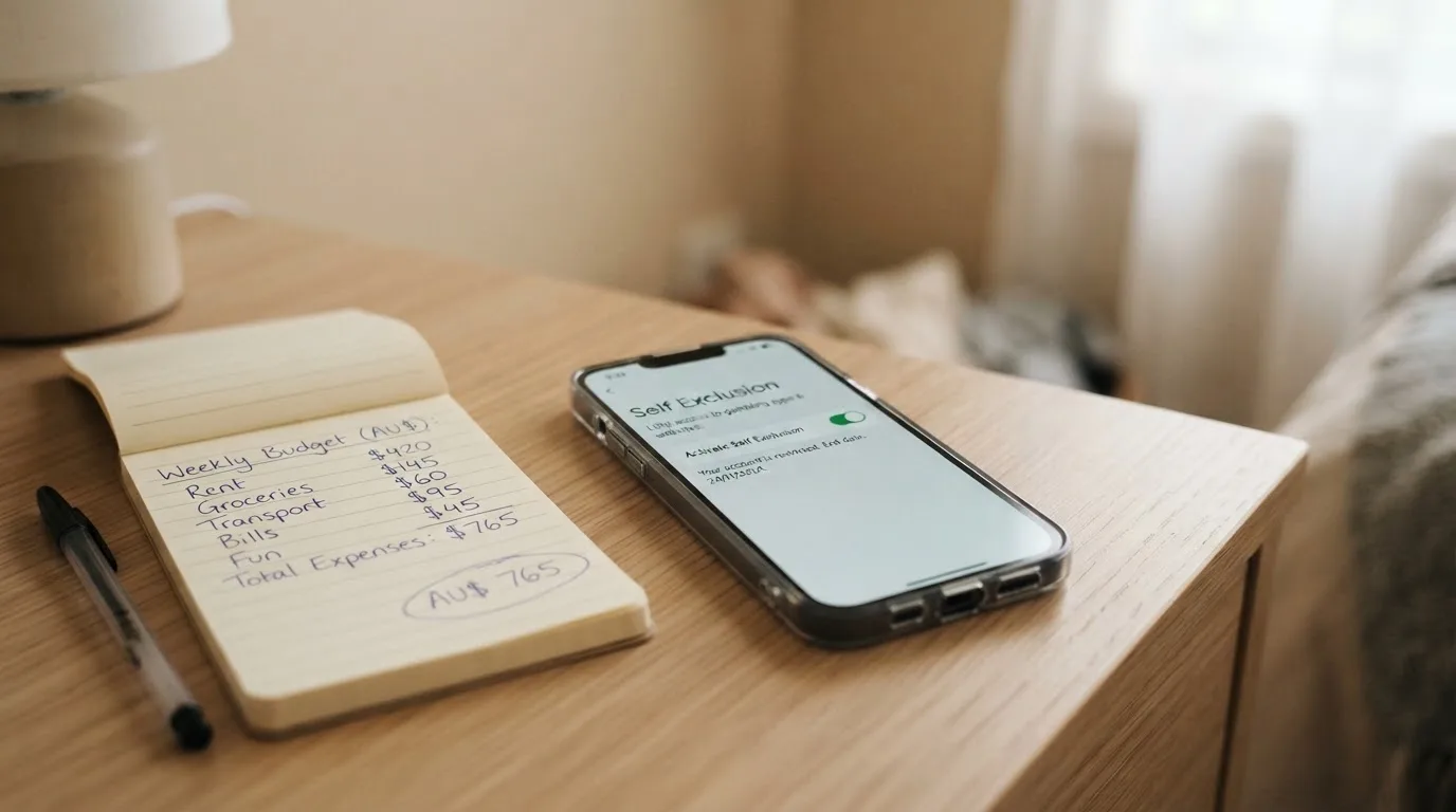 A phone showing a self-exclusion settings screen next to a notepad with a weekly budget written on it.