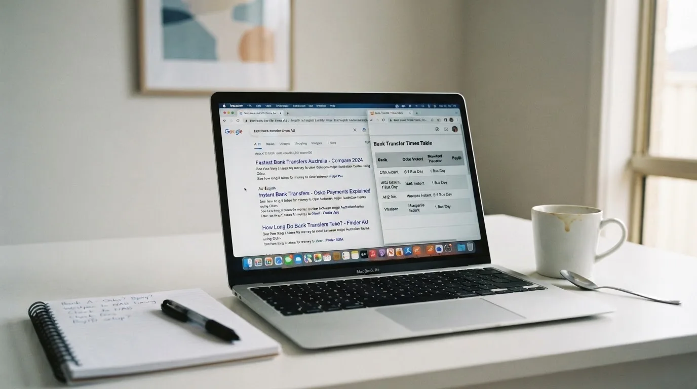 A laptop screen split between two browser tabs, one showing a comparison table and the other a search results page.