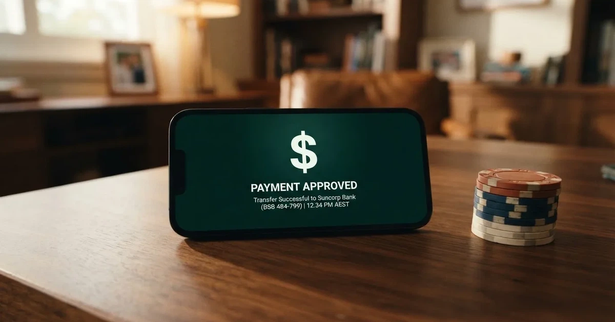 A phone displaying a bank transfer confirmation screen next to a stack of Australian dollar notes.