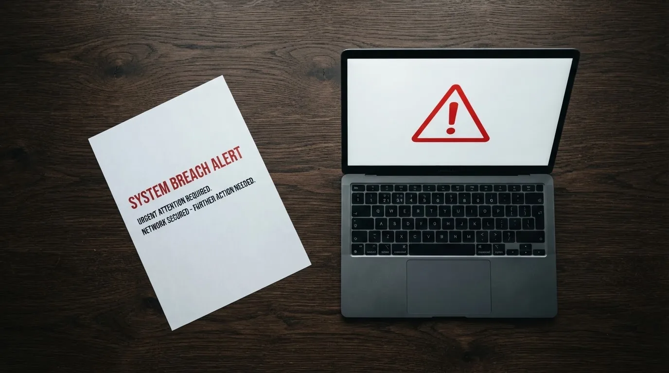 A printed government warning notice on a desk beside a laptop with a red alert icon on the screen.