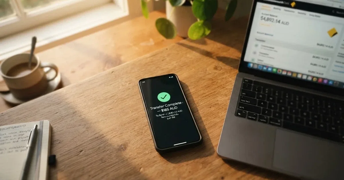 A phone showing a PayID-style bank transfer confirmation next to a laptop.