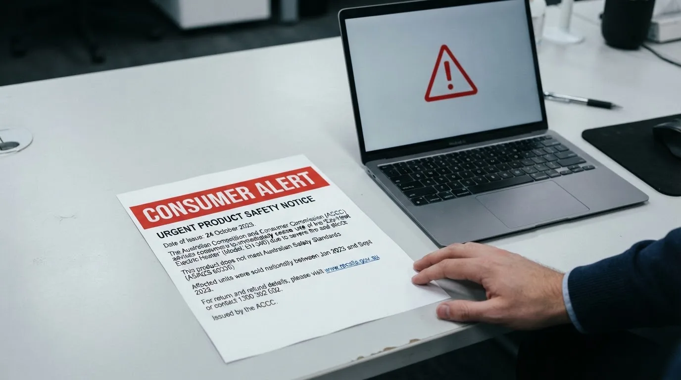 A printed government warning notice on a desk beside a laptop with a red alert icon on the screen.