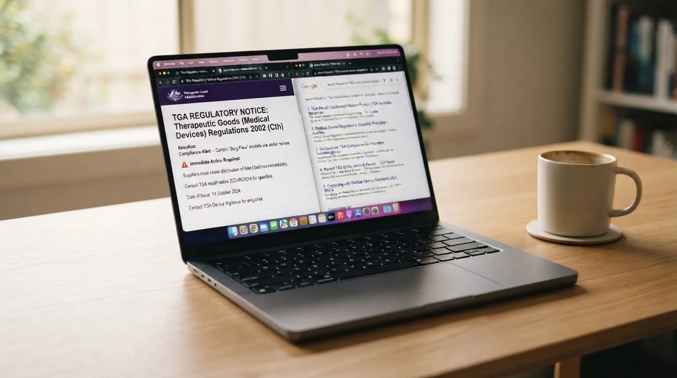 A laptop screen split between two browser tabs, one showing a comparison table and the other a search results page.