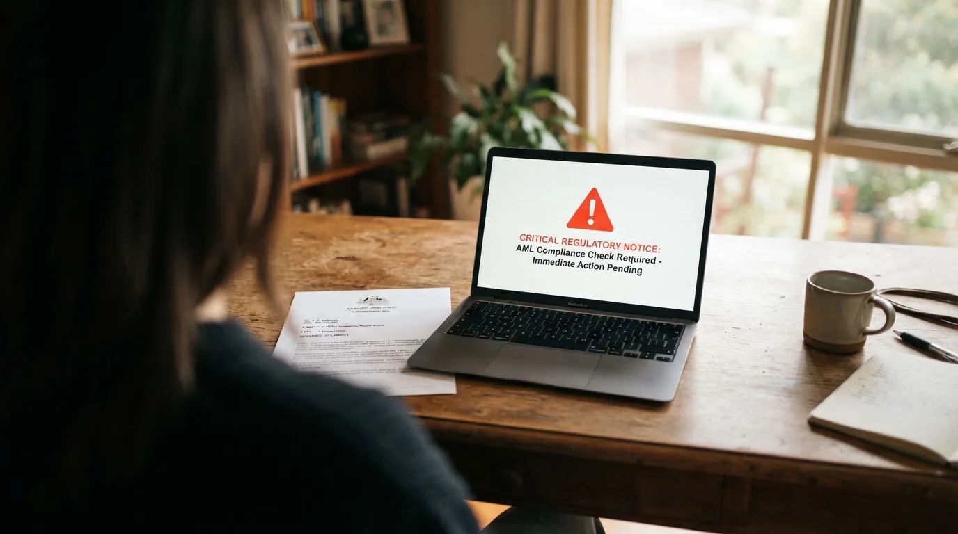 A printed government warning notice on a desk beside a laptop with a red alert icon on the screen.