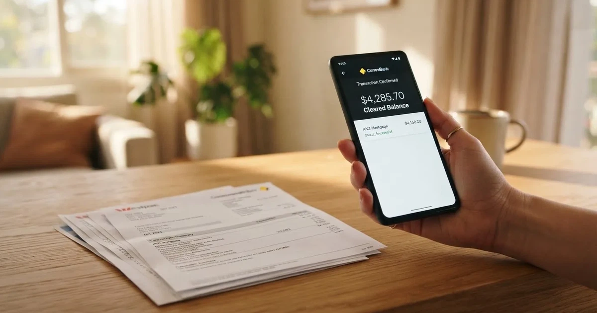 A hand holding a phone showing a cleared balance next to a stack of printed bank statements.