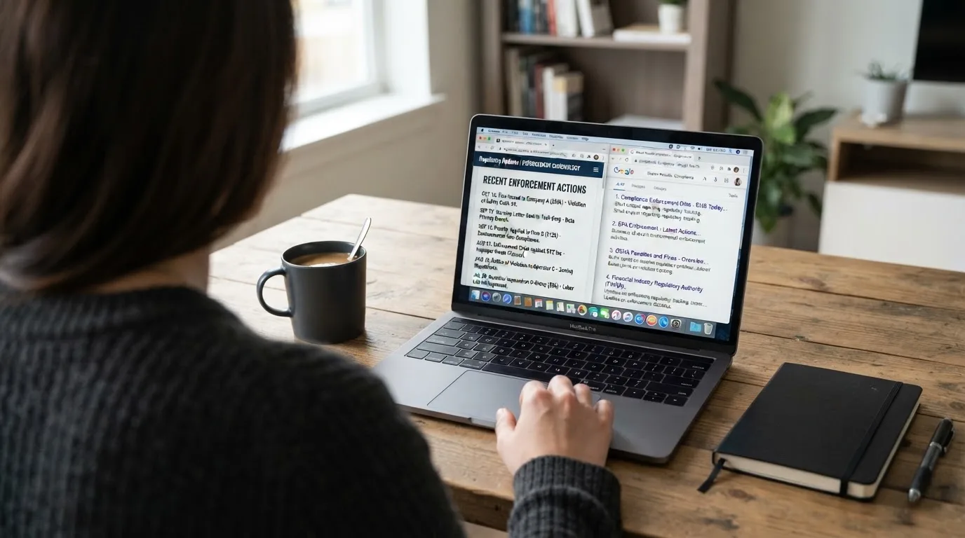A laptop screen split between two browser tabs, one showing a comparison table and the other a search results page.