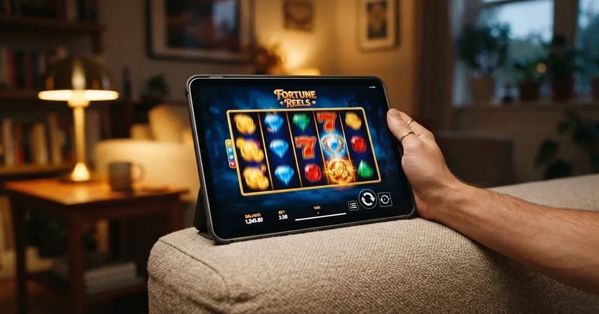 A hand holding a tablet with a touchscreen keypad displayed, resting on a couch armrest.