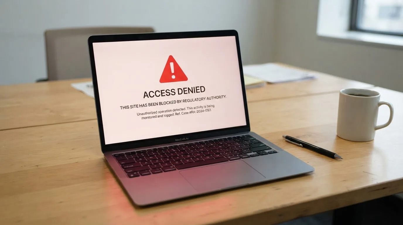A printed government warning notice on a desk beside a laptop with a red alert icon on the screen.